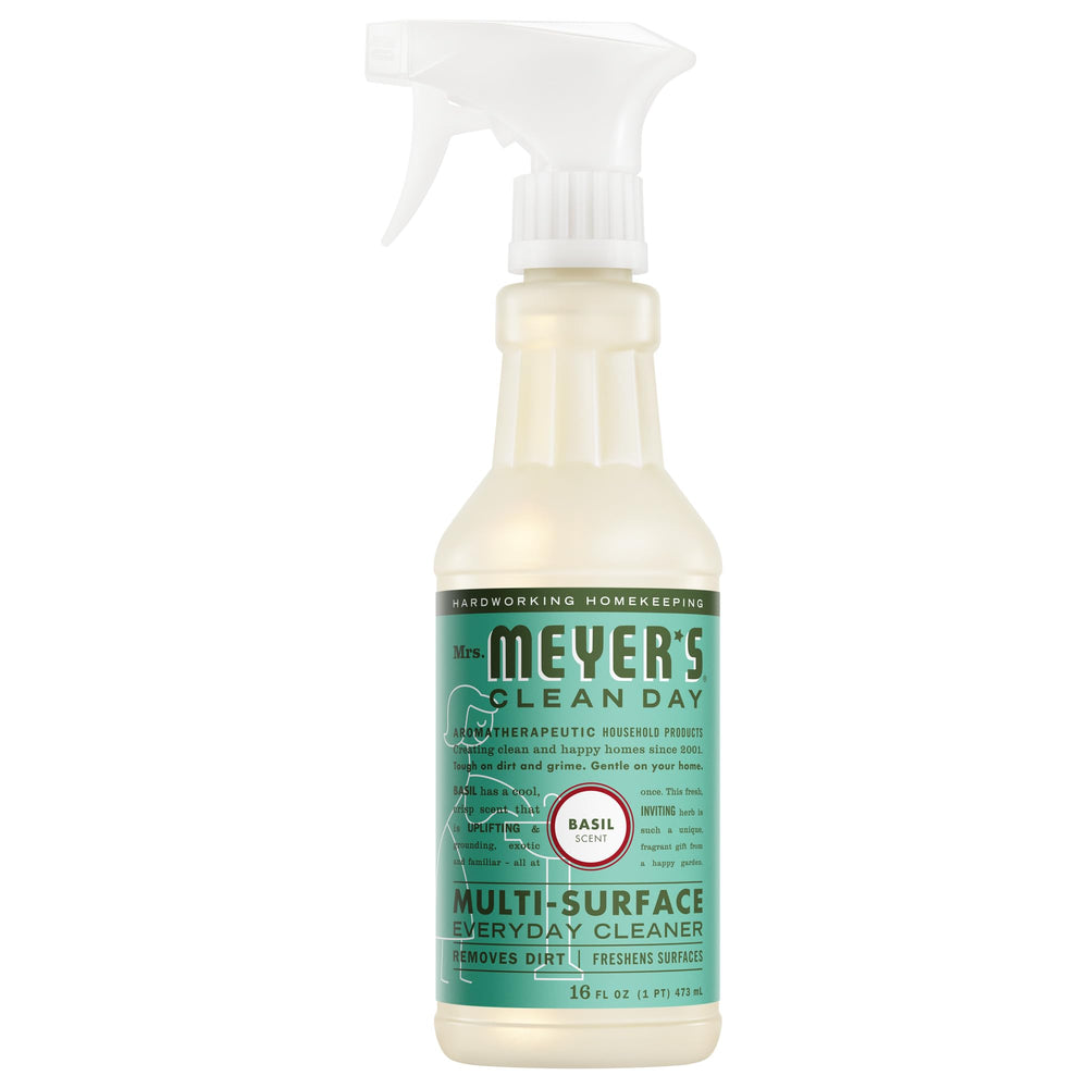Mrs. Meyer's Clean Day Basil spray bottle for multi-surface cleaning and odor refresh.