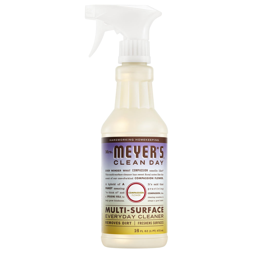 Mrs. Meyer's Compassion Flower bottle cleans nonporous surfaces with a garden-inspired scent.