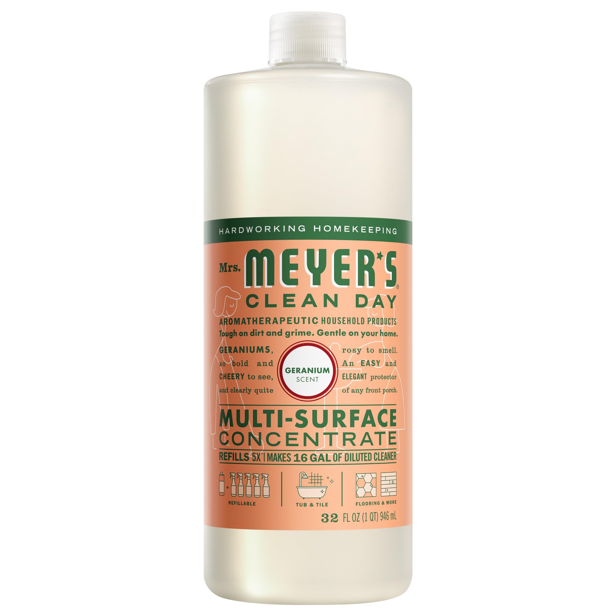 Mrs. Meyer's Clean Day geranium bottle shows an all-purpose cleaner for home messes