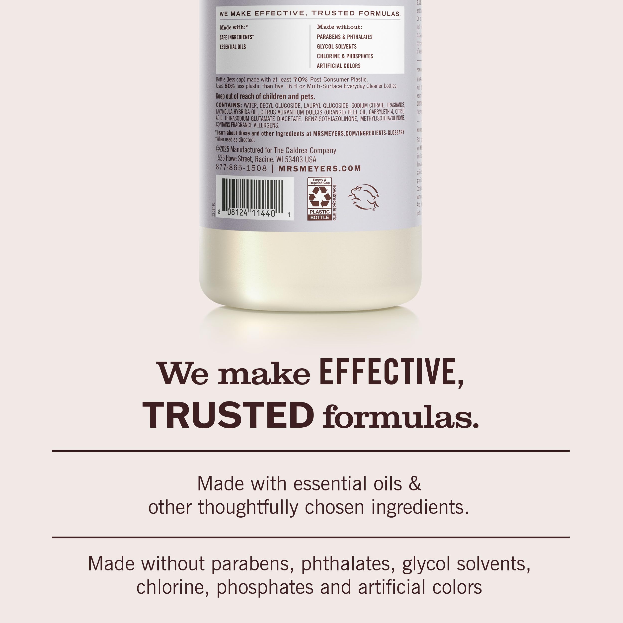 Mrs. Meyer's Clean Day cruelty-free logo beside lavender cleaner
