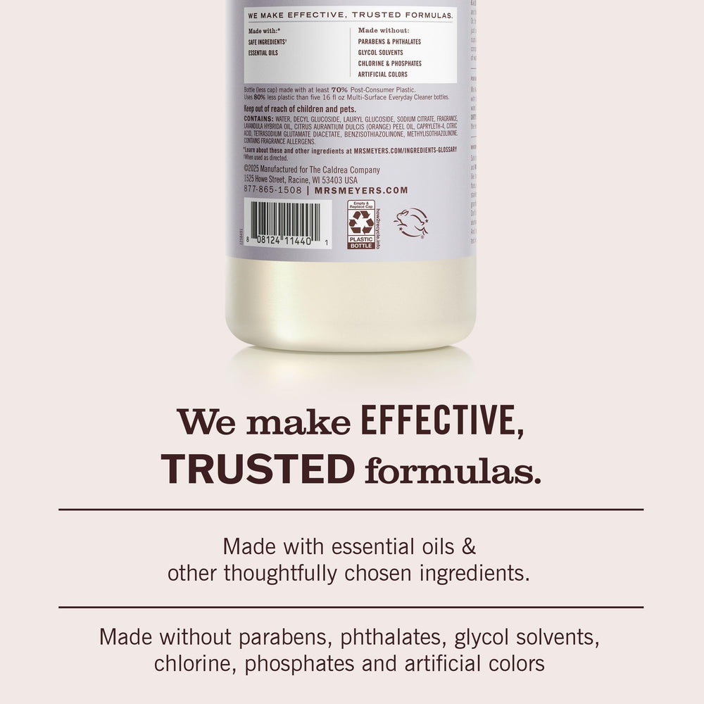Mrs. Meyer's Clean Day cruelty-free logo beside lavender cleaner
