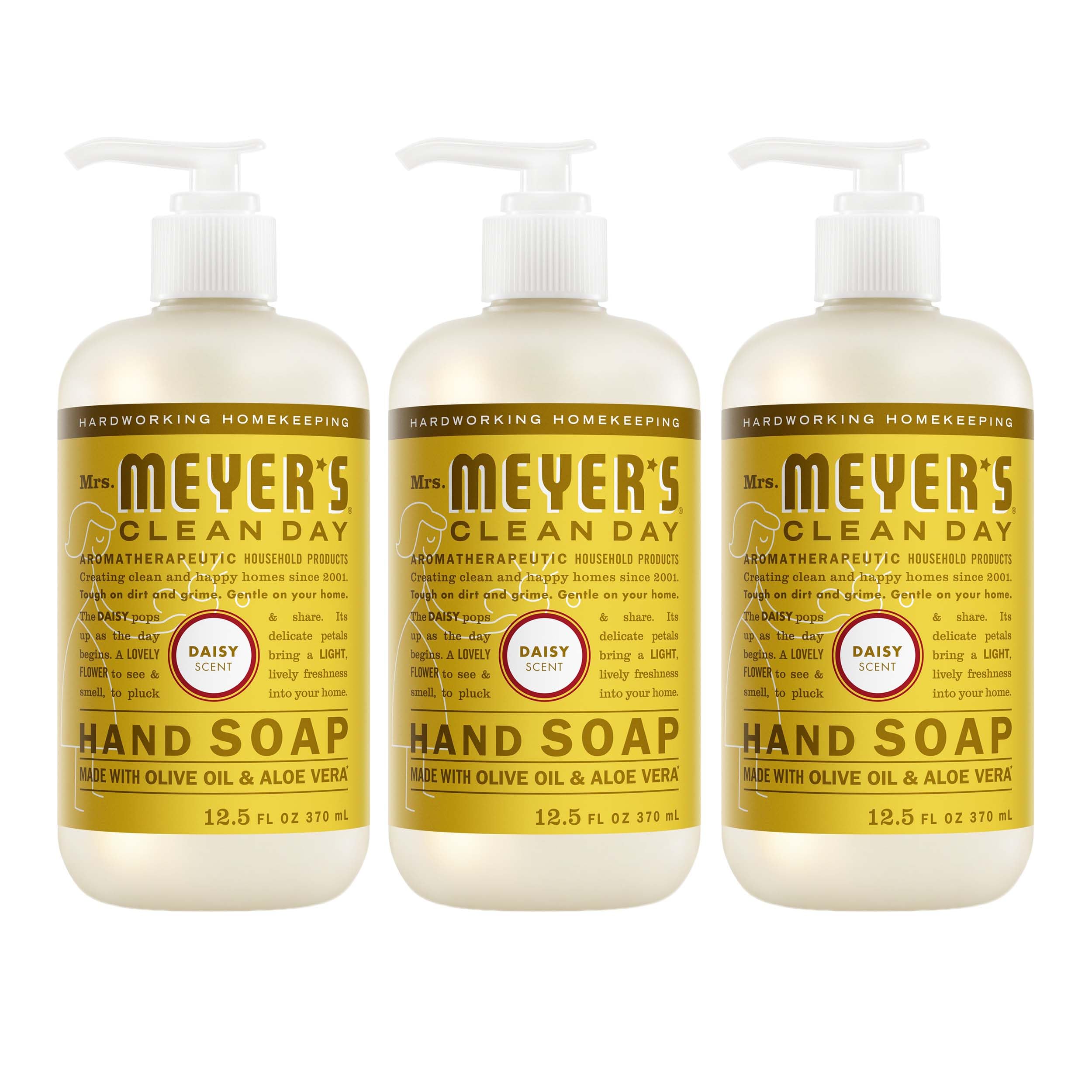 Mrs. Meyer's Clean Day Daisy hand soap bottle front with garden scent and gentle cleansing.