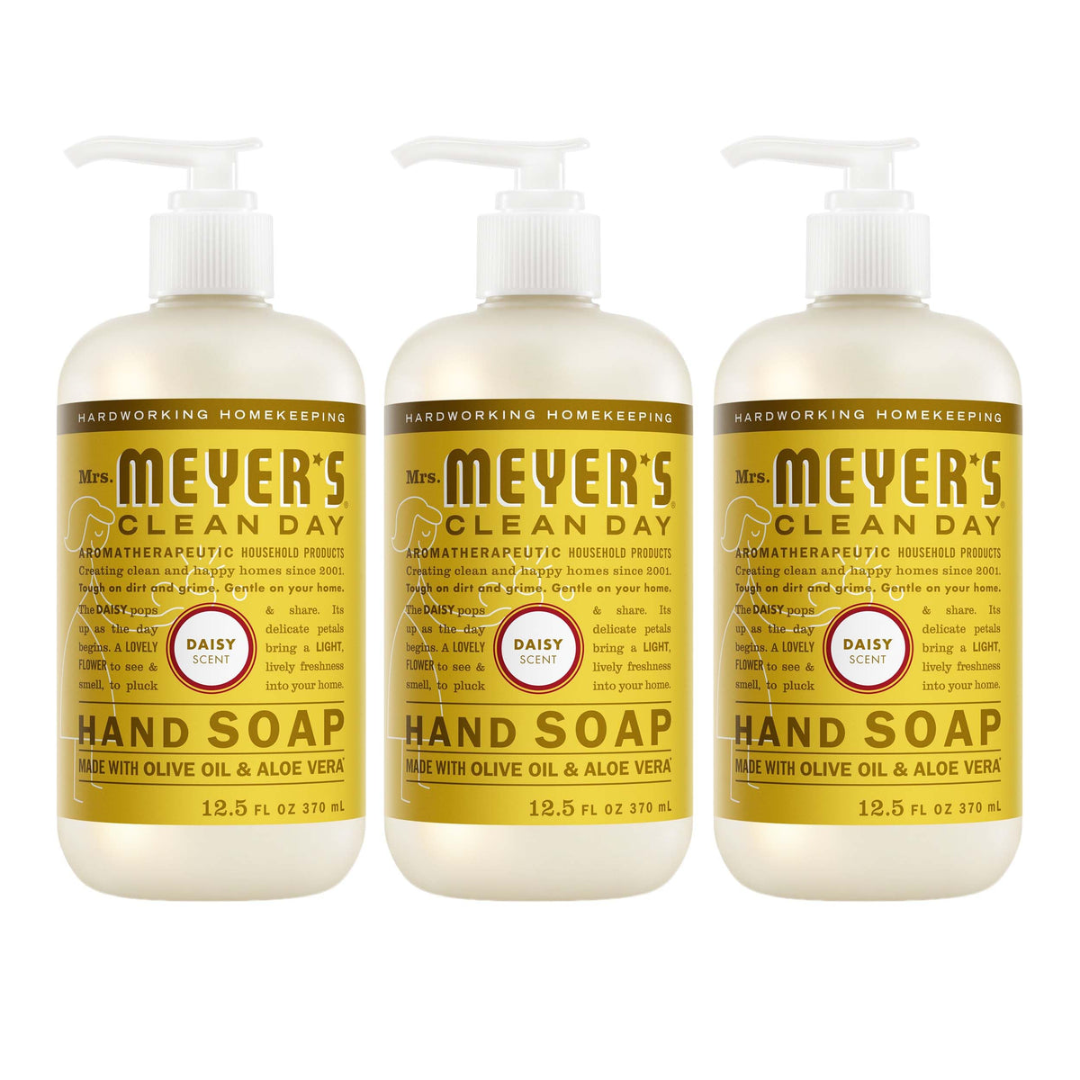 Mrs. Meyer's Clean Day Daisy hand soap bottle front with garden scent and gentle cleansing.