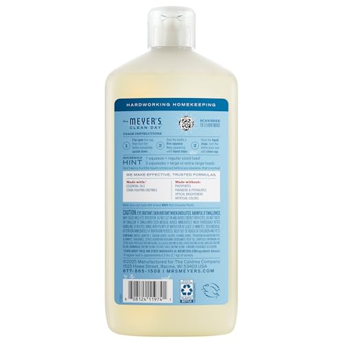 Mrs. Meyer's Clean Day detergent bottle back displays ingredients and 60-load claim.
