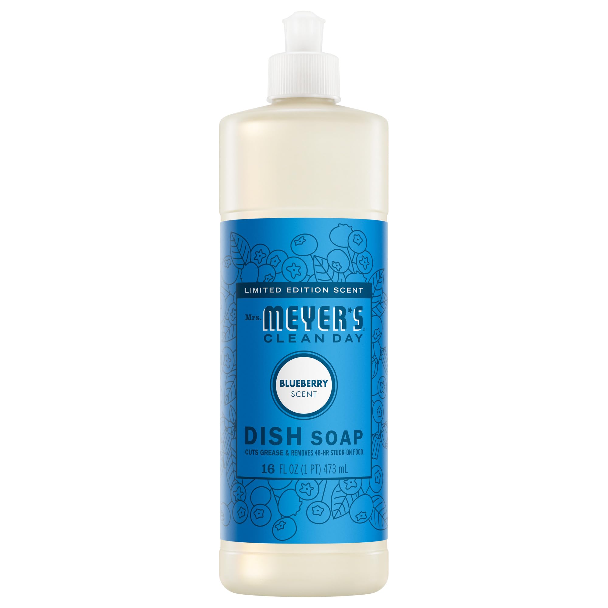 Mrs. Meyer's Clean Day Blueberry dish soap bottle front with refreshing scent.