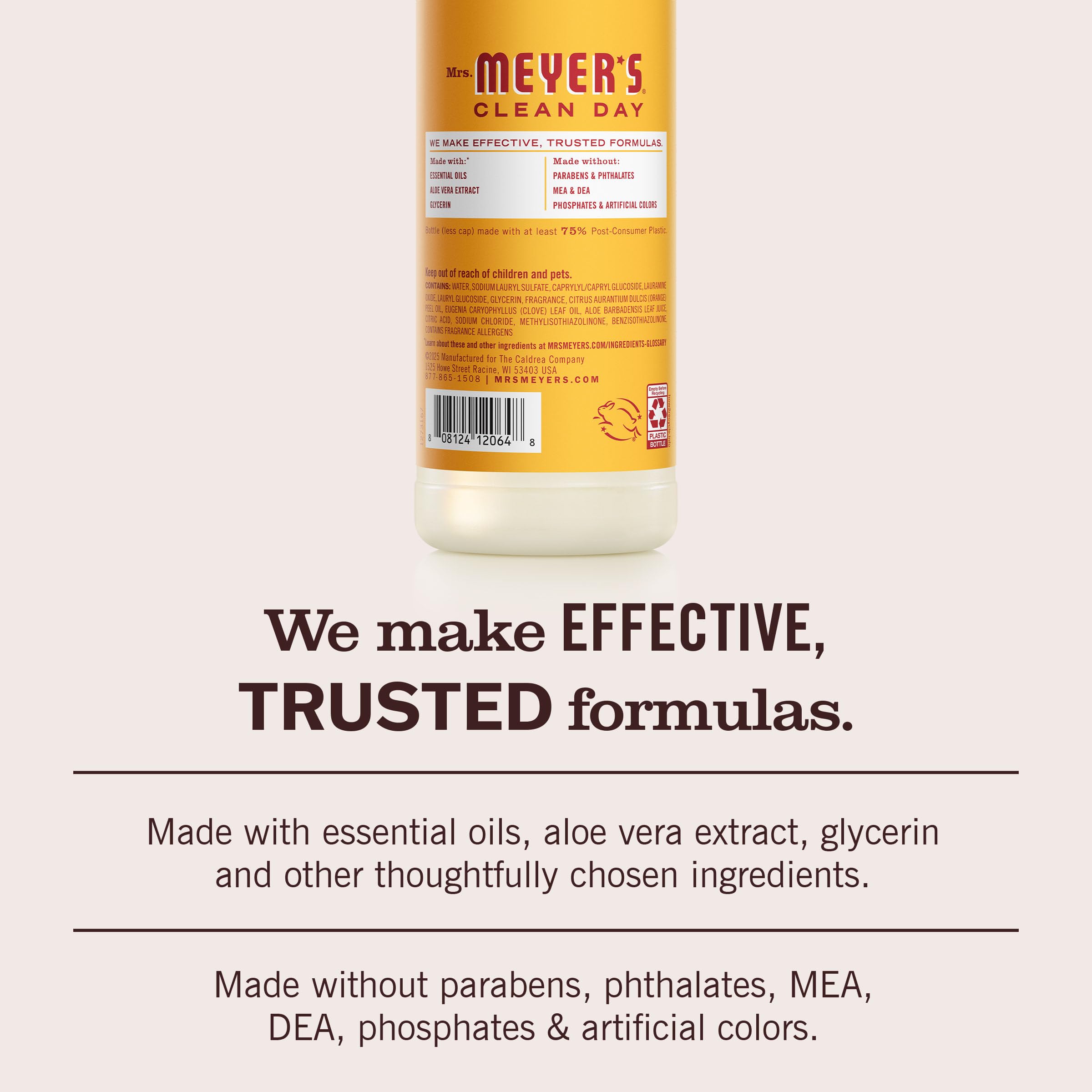 Mrs. Meyer's Clementine bottle highlights biodegradable formula.