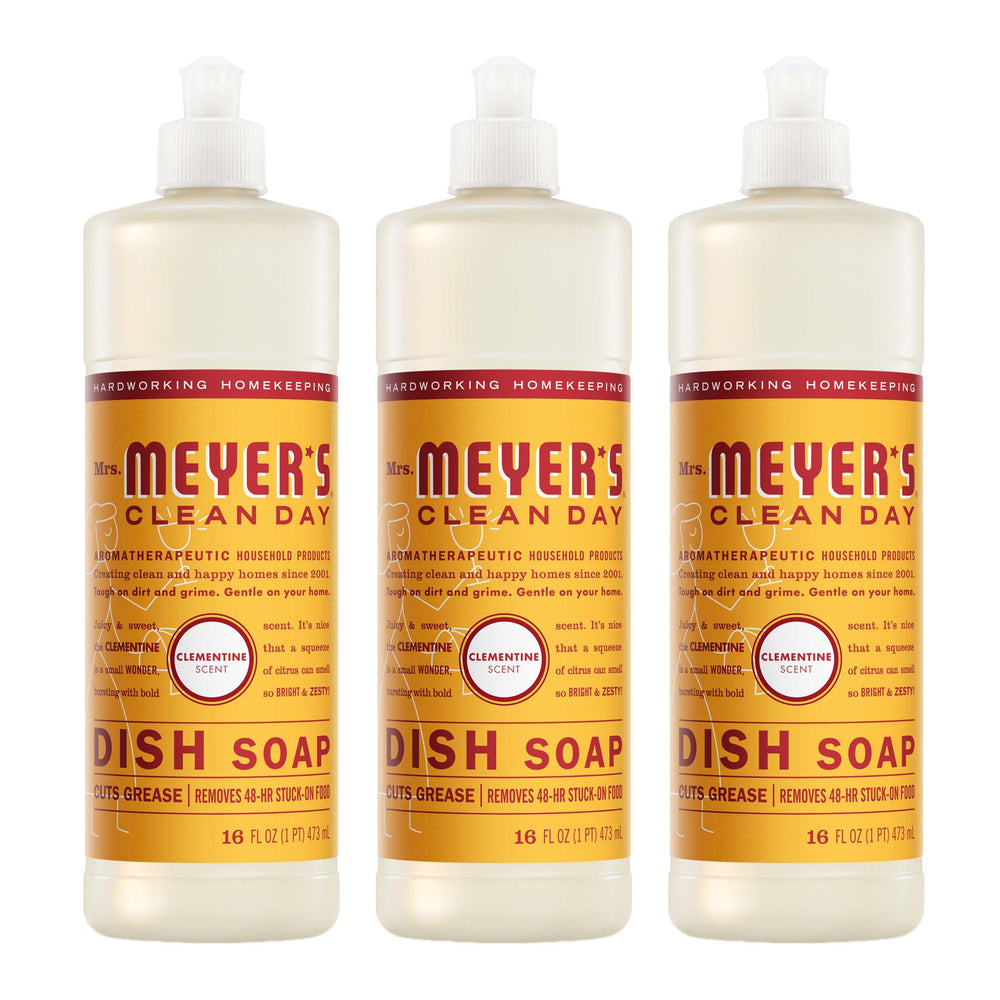 Mrs. Meyer's Clean Day Clementine dish soap bottle with bright citrus scent.