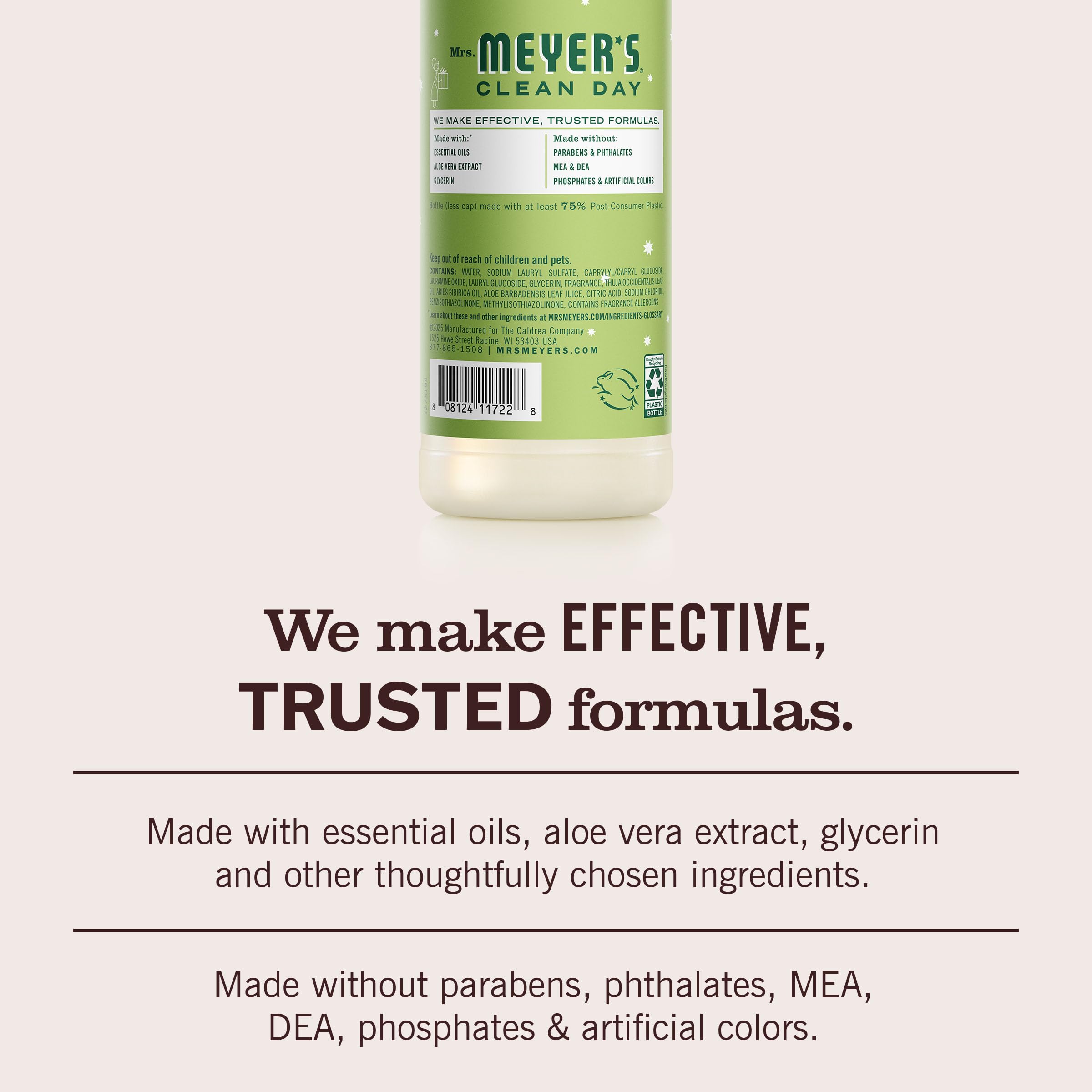 Cruelty-free certification badge on Mrs. Meyer's packaging.