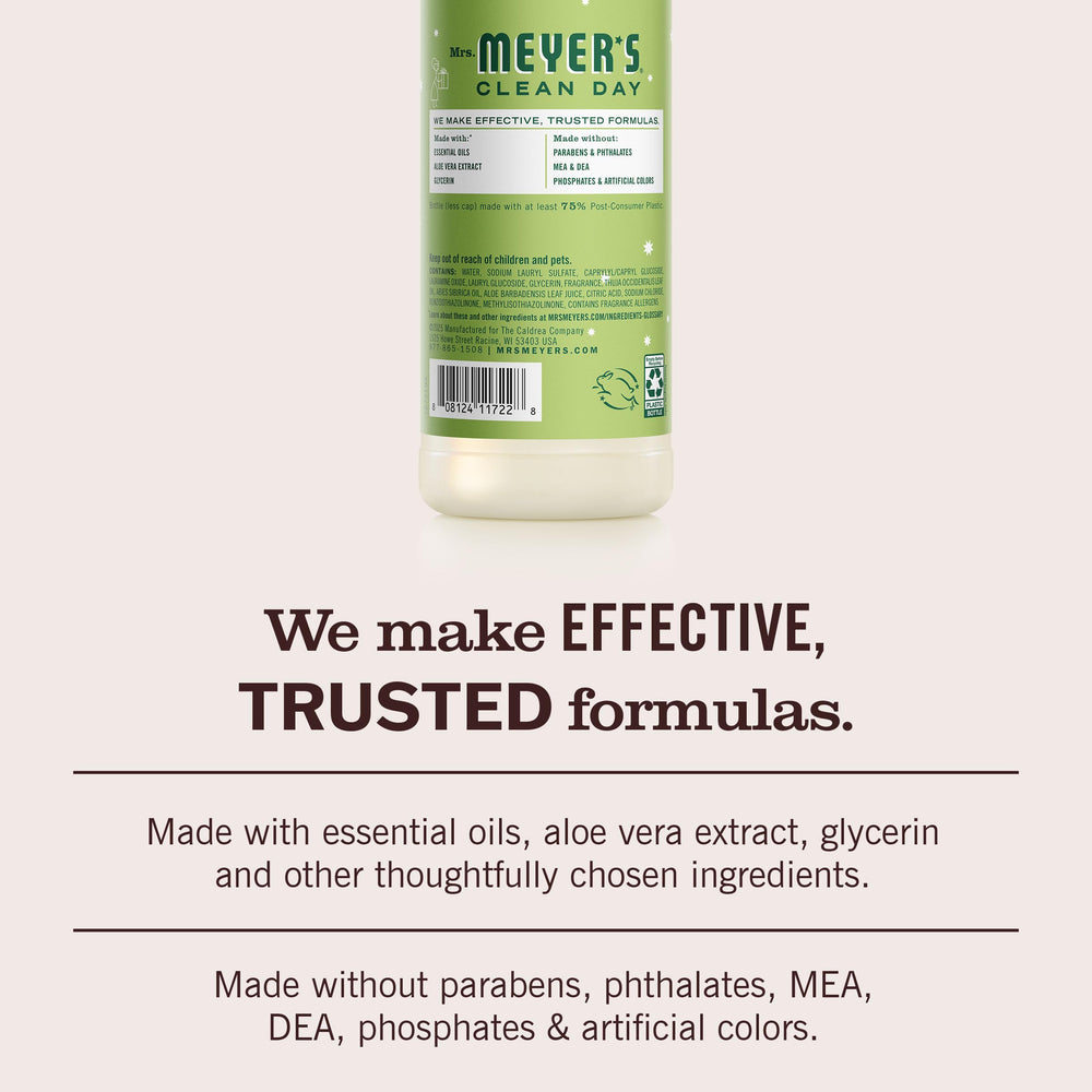 Cruelty-free certification badge on Mrs. Meyer's packaging.