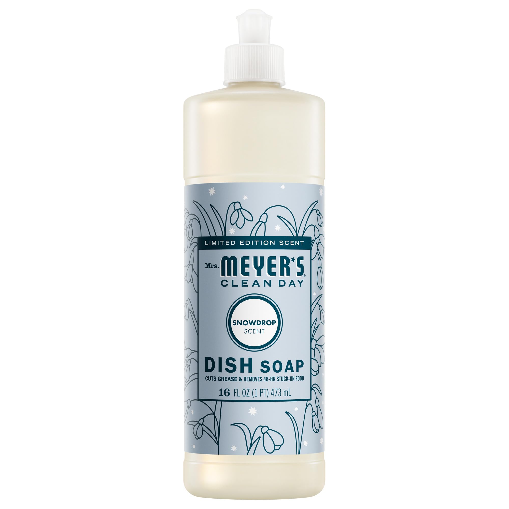Mrs. Meyer's Clean Day Snowdrop dish soap bottle showing limited edition scent for winter freshness.