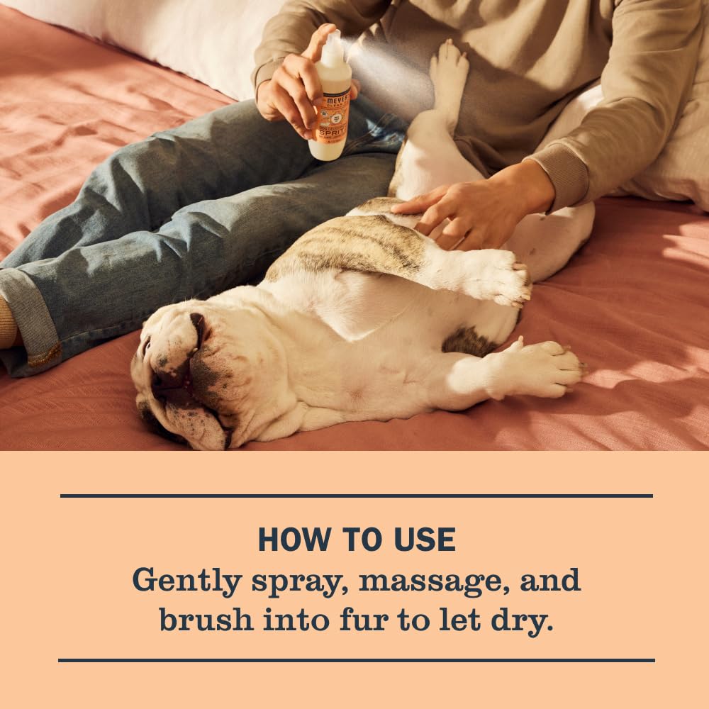 Mrs. Meyer's Clean Day dog deodorizing spray beside recyclable packaging.