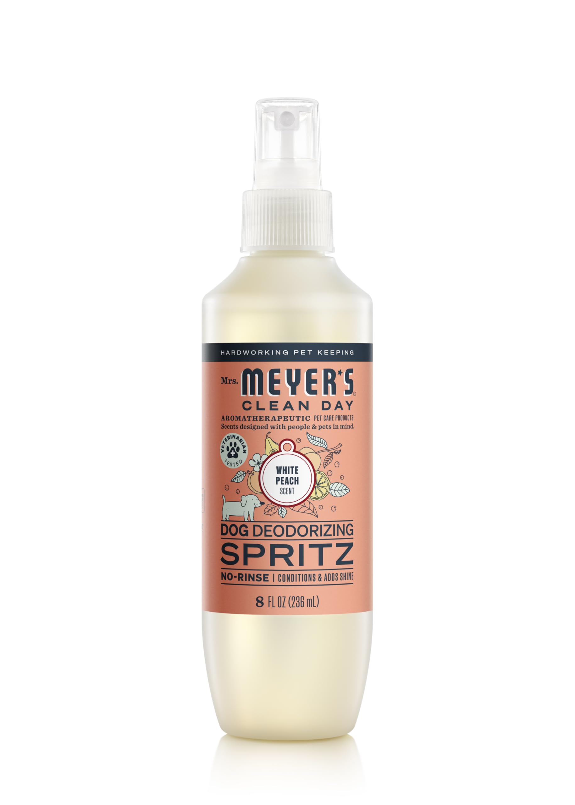 Mrs. Meyer's Clean Day dog deodorizing spray bottle with white peach scent for fresh coats.