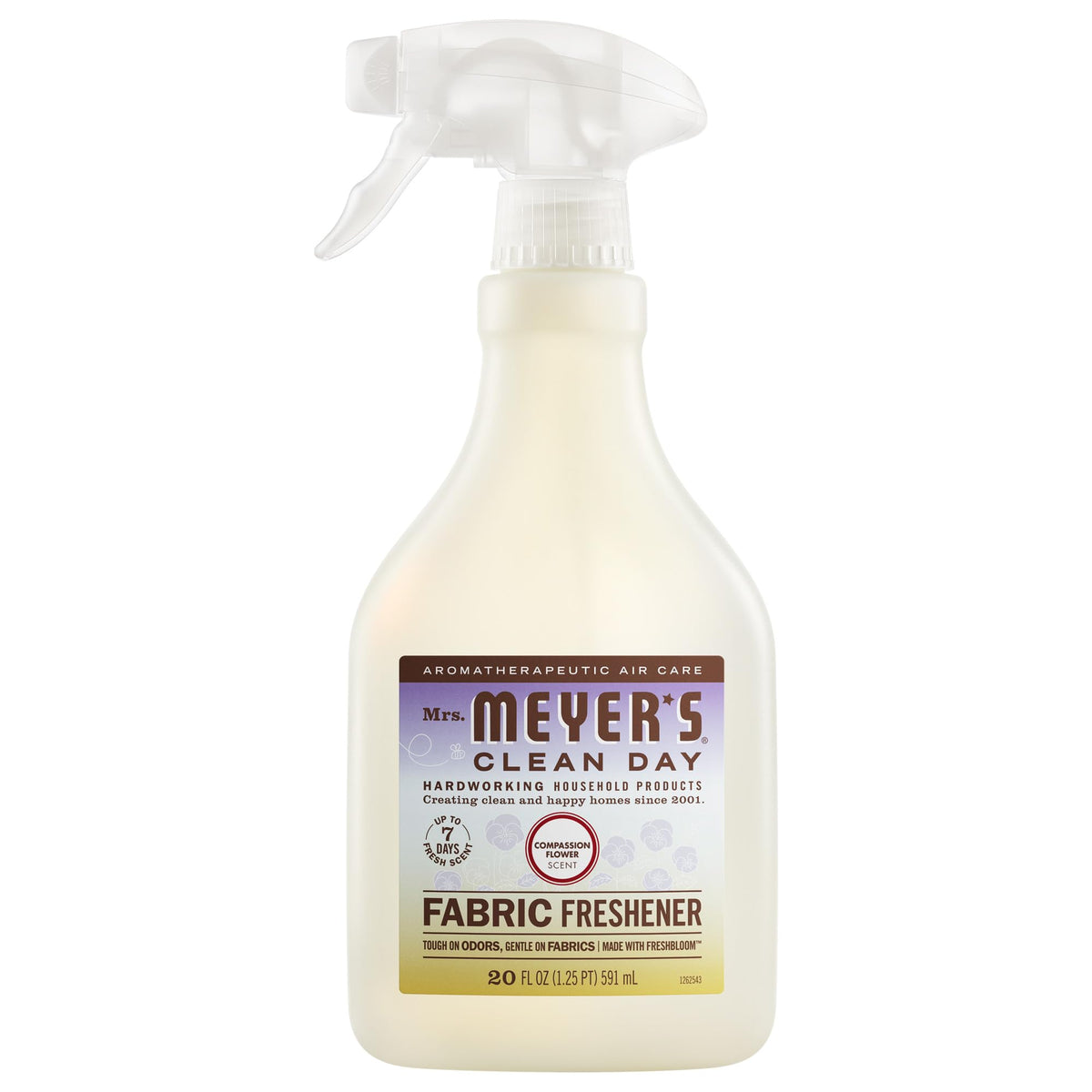 MRS. MEYER'S Clean Day Fabric Freshener bottle with Compassion Flower scent refreshes fabrics.