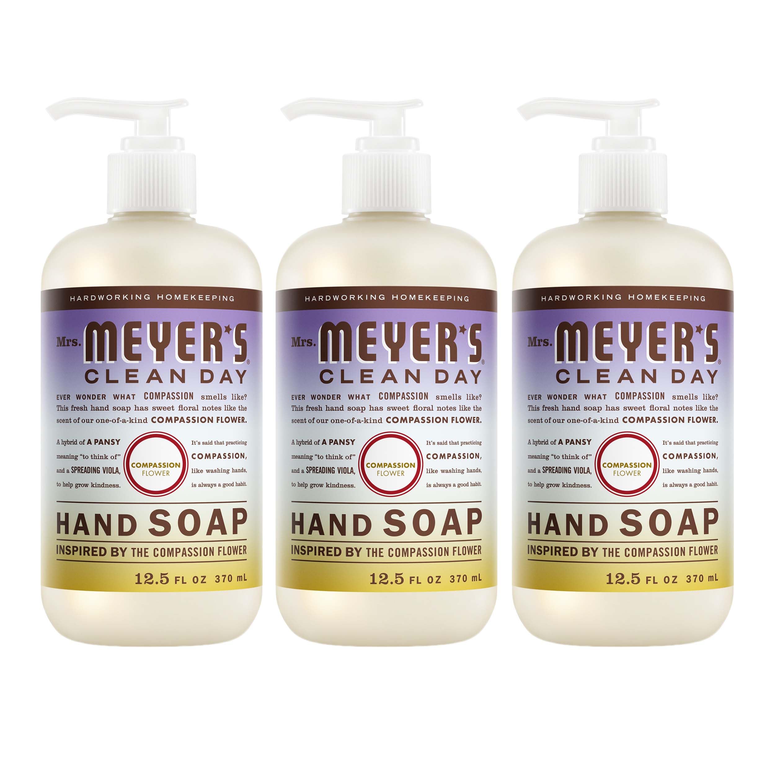 Mrs Meyer's Clean Day Compassion Flower bottle for gentle cleansing and moisturized hands.
