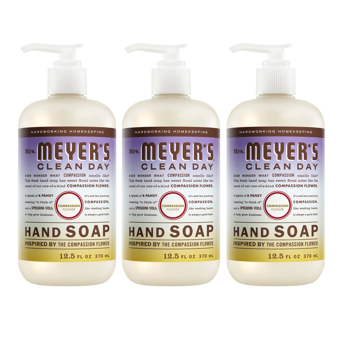 Mrs Meyer's Clean Day Compassion Flower bottle for gentle cleansing and moisturized hands.