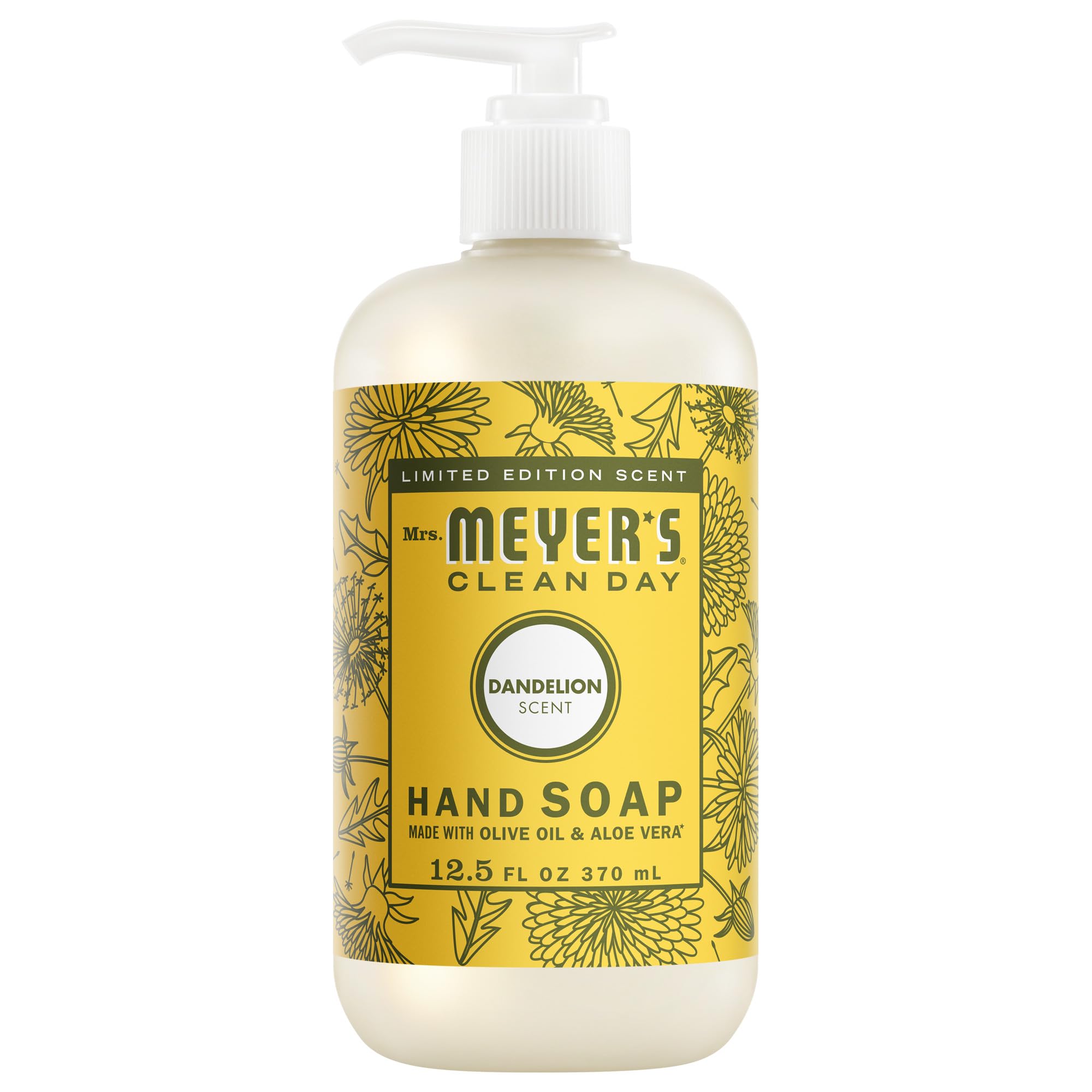 Mrs. Meyer's Clean Day hand soap Dandelion bottle promotes clean, moisturized hands.