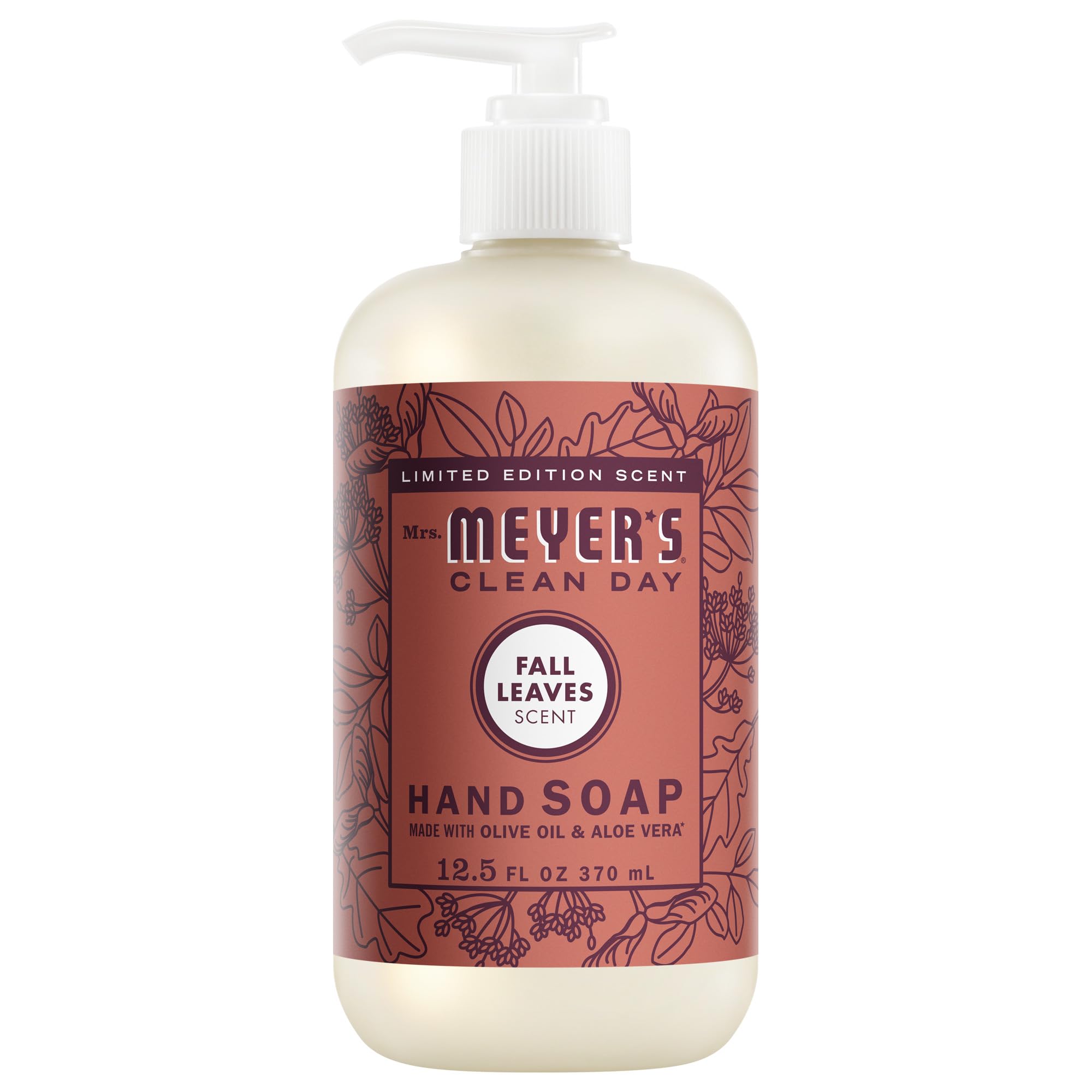Mrs. Meyer's Clean Day Hand Soap Fall Leaves bottle on sink for daily cleansing.
