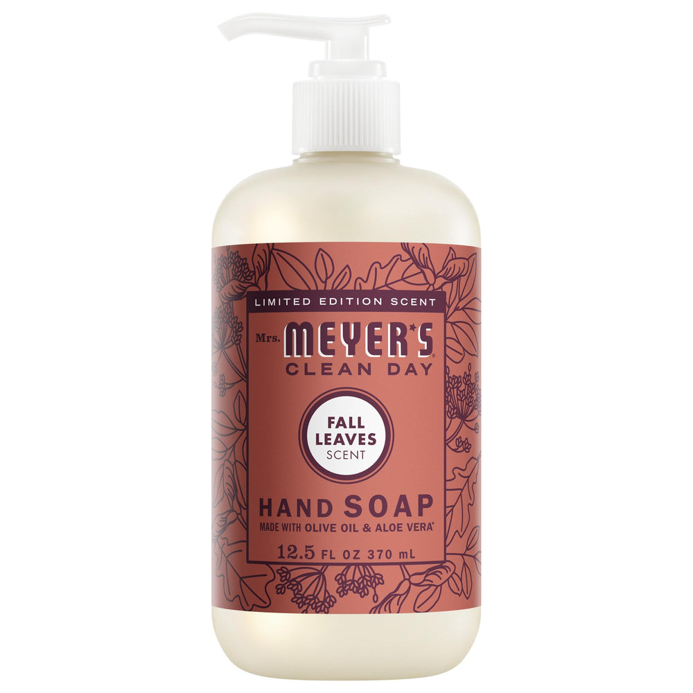 Mrs. Meyer's Clean Day Hand Soap Fall Leaves bottle on sink for daily cleansing.