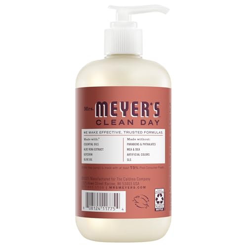 Mrs. Meyer's Clean Day Hand Soap with pump shown, convenient for quick hand washing.