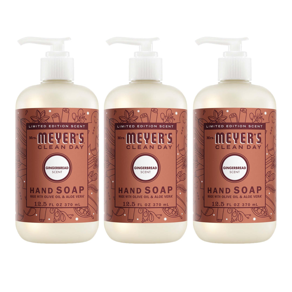 Mrs. Meyer's Gingerbread hand soap bottle displayed for daily handwashing with cozy aroma