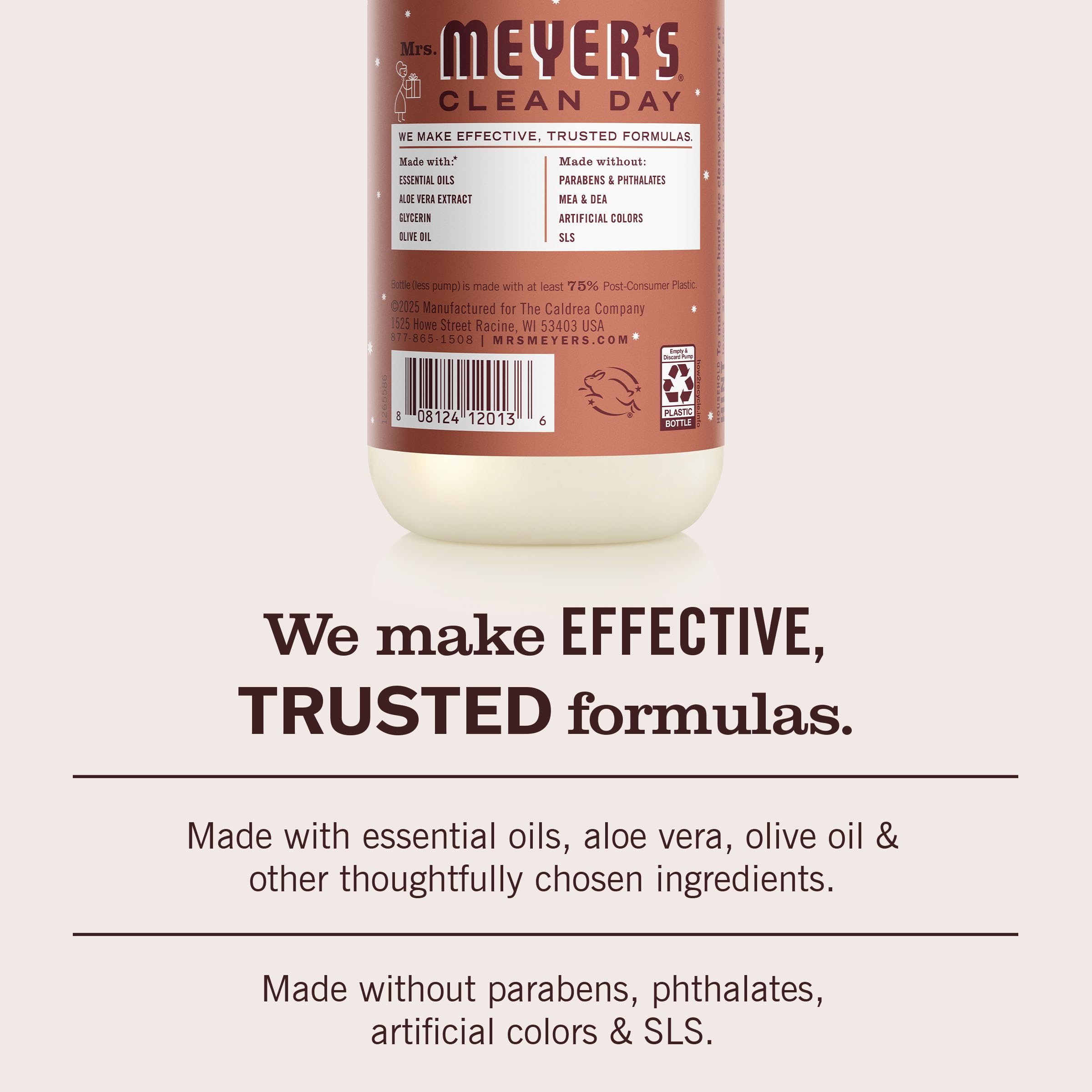 Label close-up on Mrs. Meyer's Gingerbread soap emphasizing cruelty-free ingredients