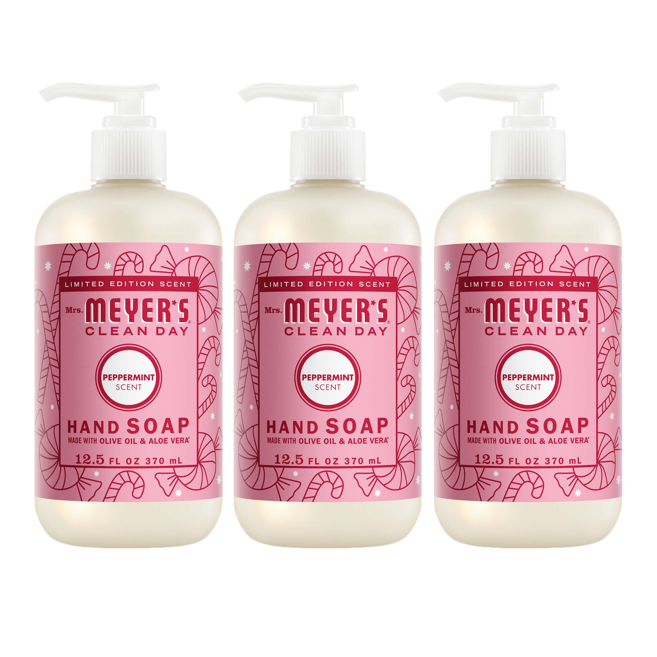 Mrs. MEYER'S Peppermint hand soap bottle with refreshing scent and clean design.