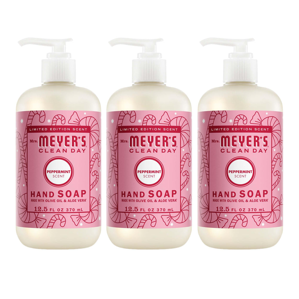 Mrs. MEYER'S Peppermint hand soap bottle with refreshing scent and clean design.