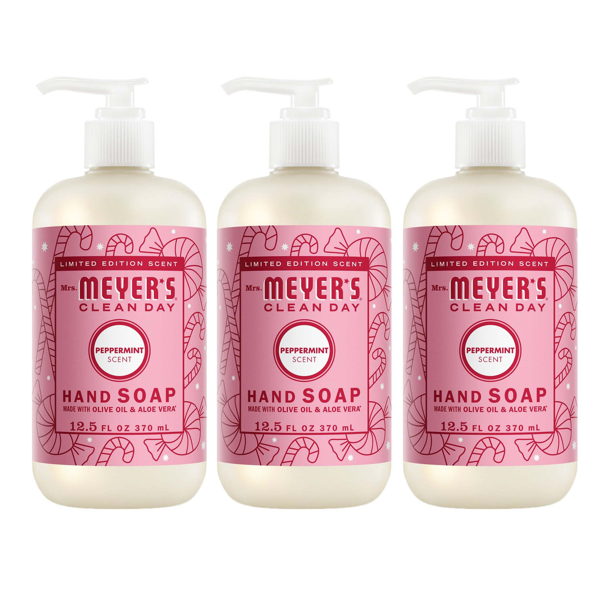 Mrs. MEYER'S Peppermint hand soap bottle with refreshing scent and clean design.