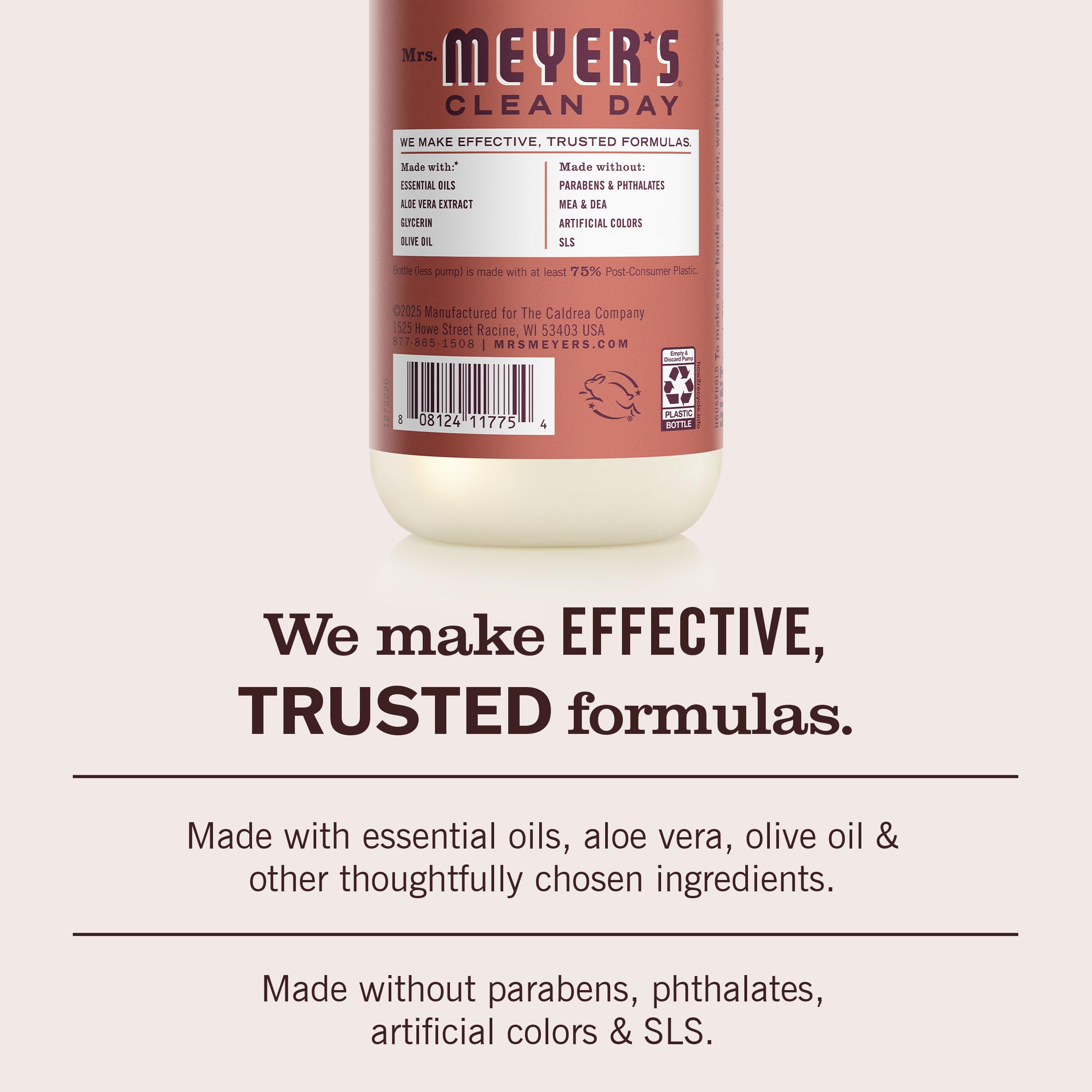 Mrs. Meyer's Clean Day Hand Soap soothing aloe ingredient on label.