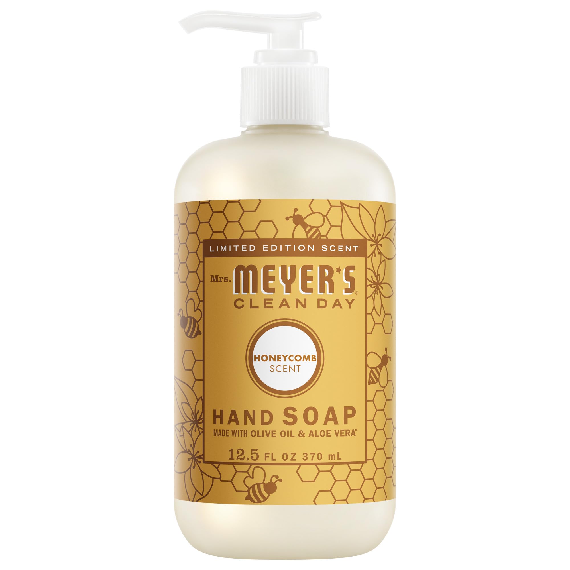 Mrs. Meyer's Clean Day Honeycomb Hand Soap bottle close-up showing moisturizing formula