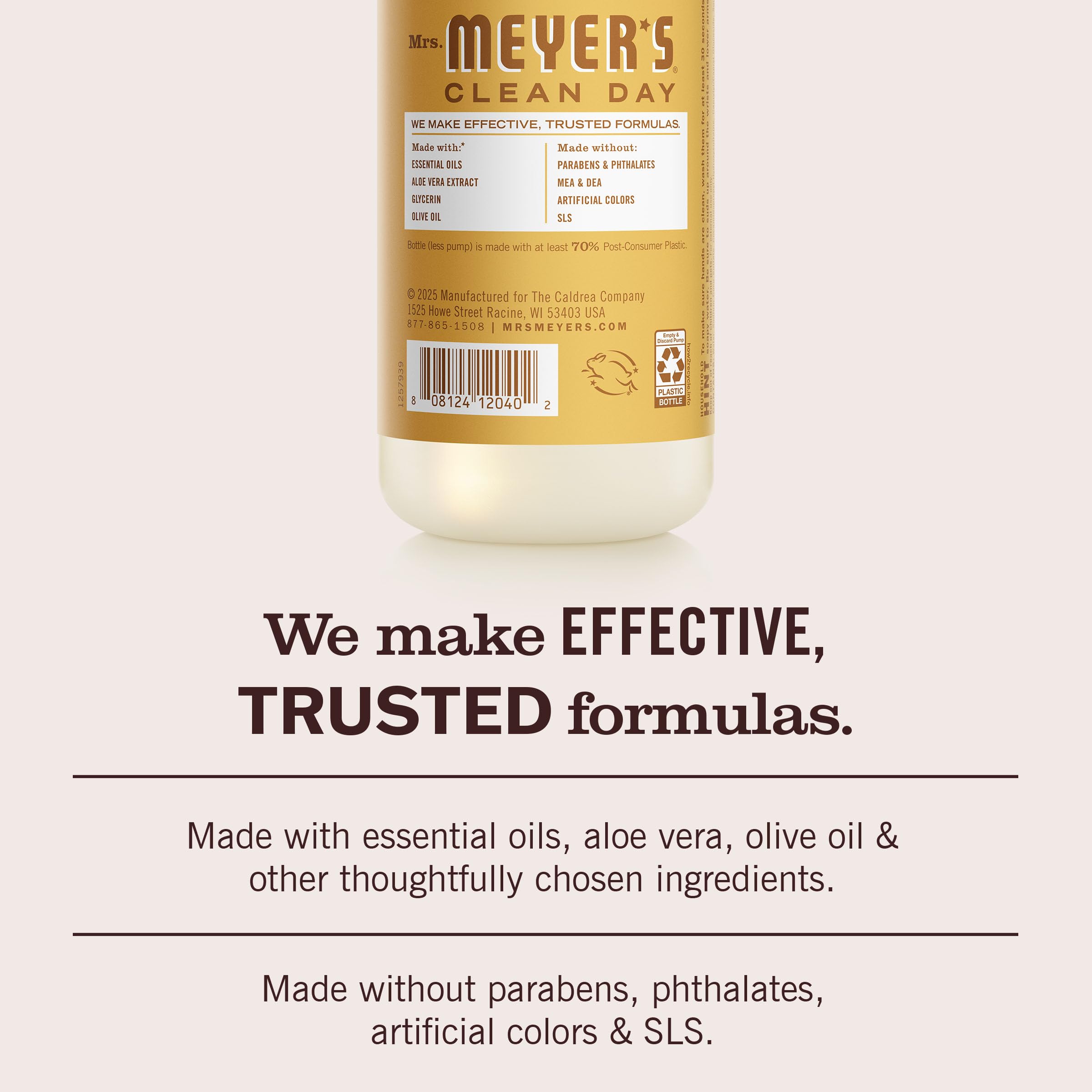 Ingredients panel of Mrs. Meyer's Clean Day Honeycomb Hand Soap highlighting plant-based components