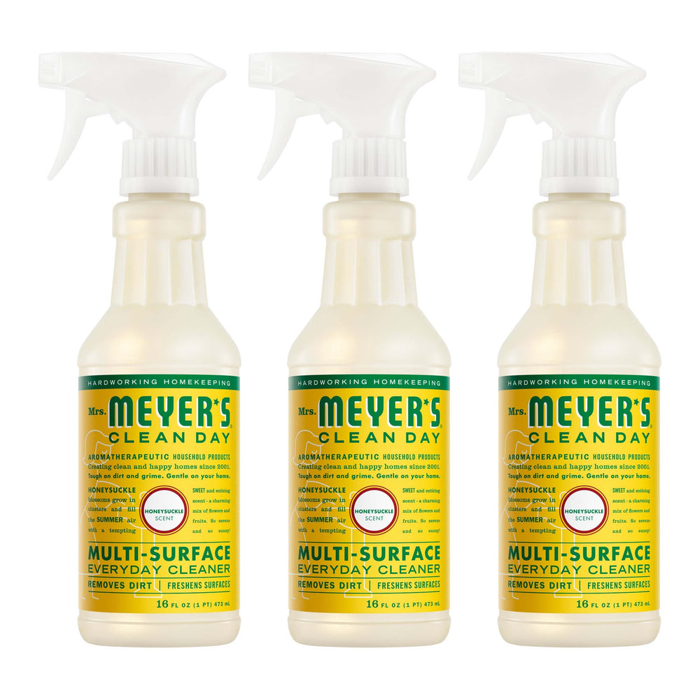 Mrs. Meyer's Clean Day honeysuckle spray bottle for quick surface cleaning.