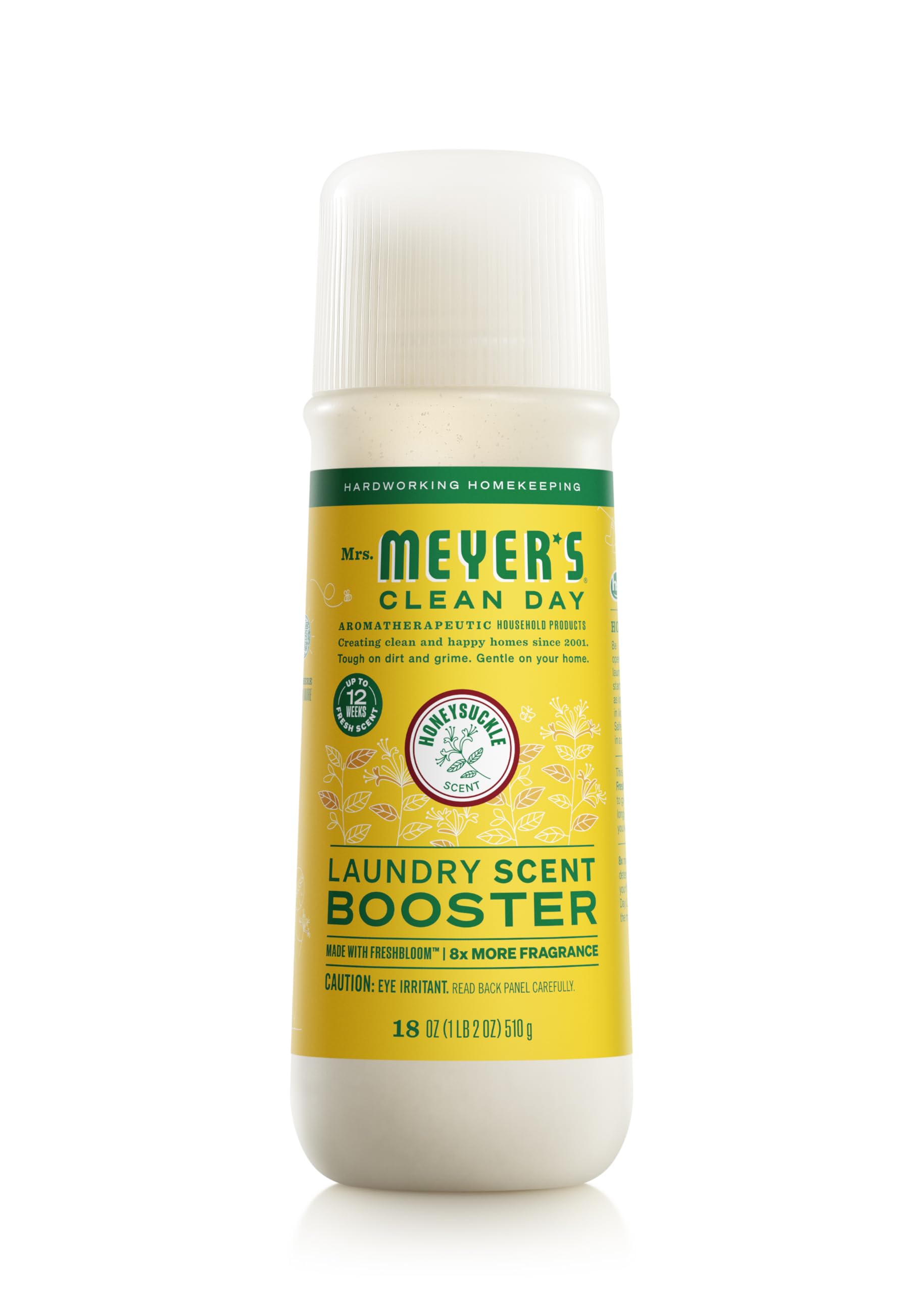 Mrs. Meyer's Clean Day laundry scent boosters bottle shows honeysuckle aroma for refreshed fabrics