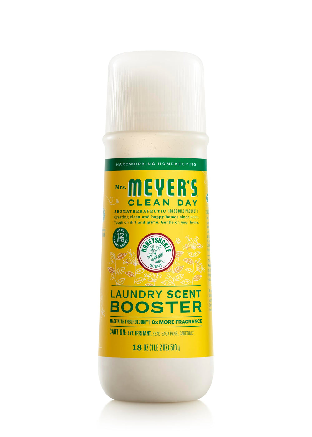 Mrs. Meyer's Clean Day laundry scent boosters bottle shows honeysuckle aroma for refreshed fabrics