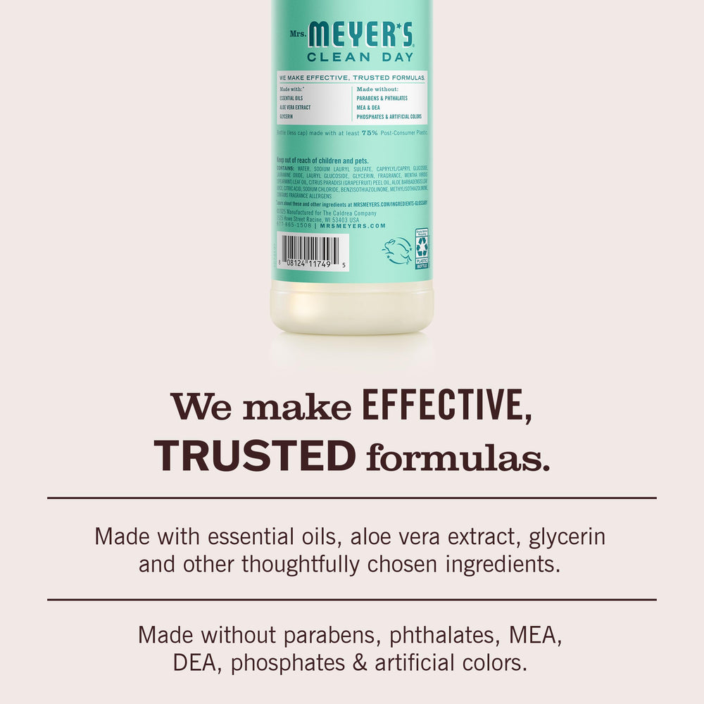 Cruelty-free Leaping Bunny certified Mrs. Meyer's dish soap label