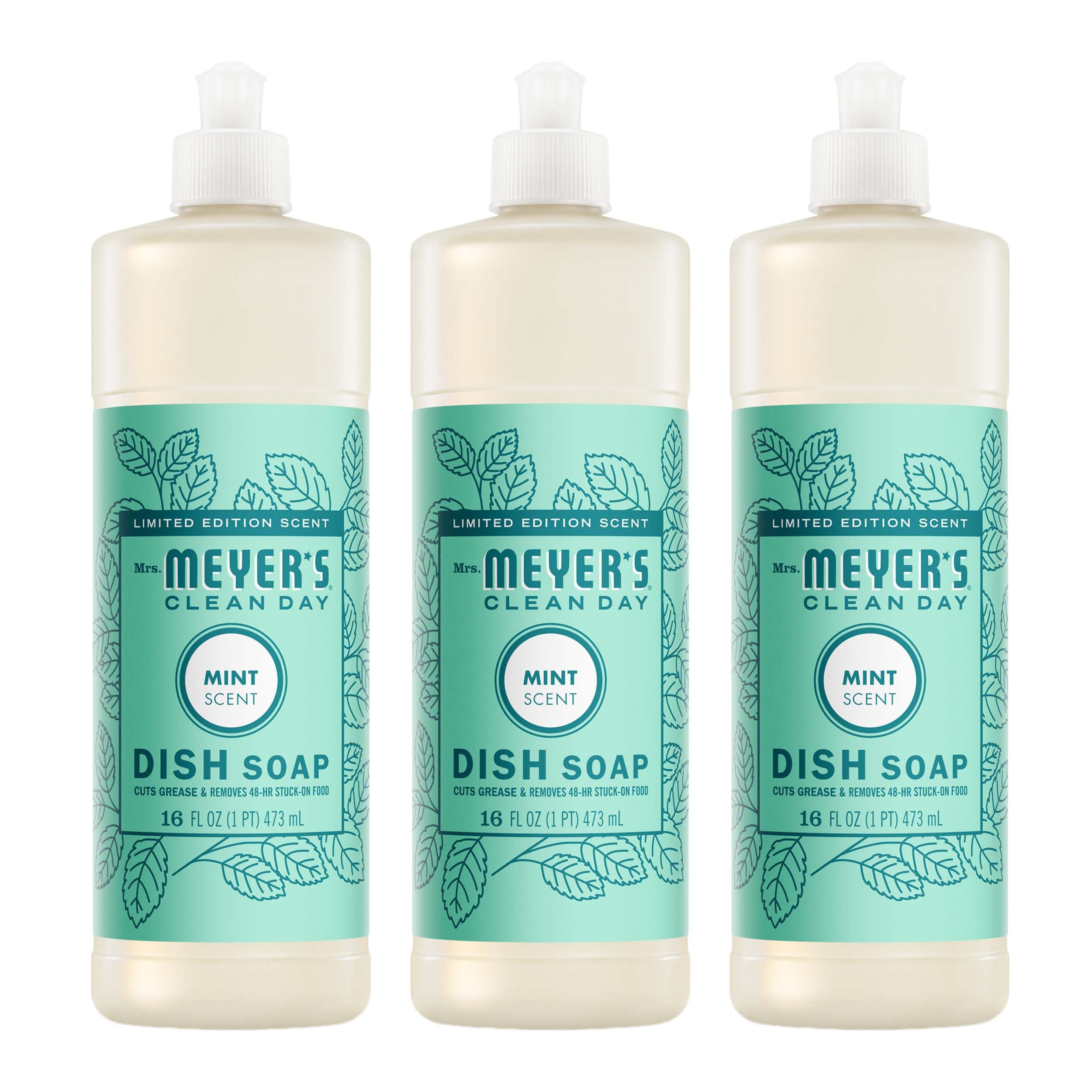 Mrs. Meyer's Clean Day Mint dish soap bottle with mint scent for grease removal