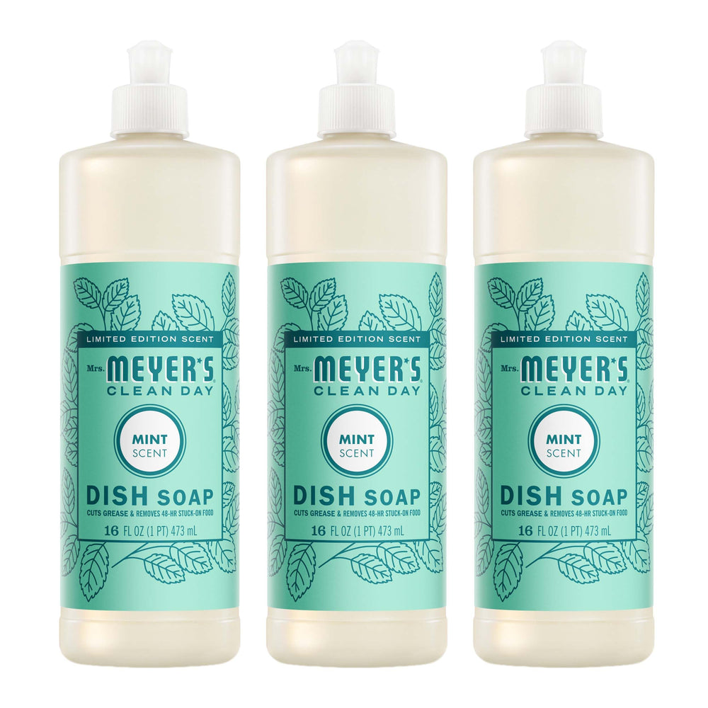 Mrs. Meyer's Clean Day Mint dish soap bottle with mint scent for grease removal