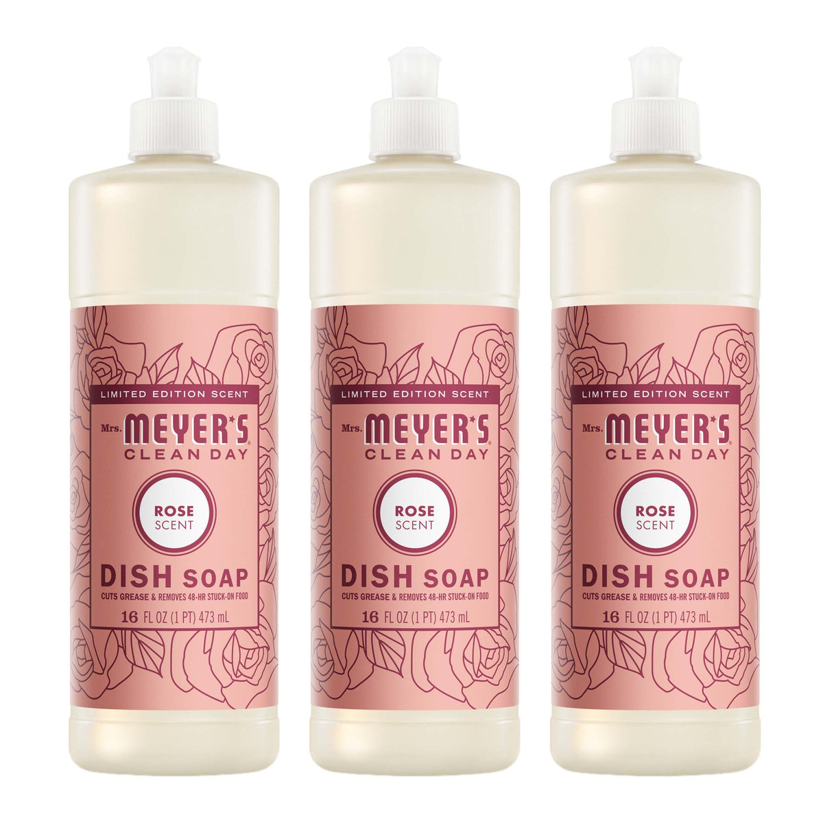 Mrs. Meyer's Clean Day Rose dish soap bottle powers through grease
