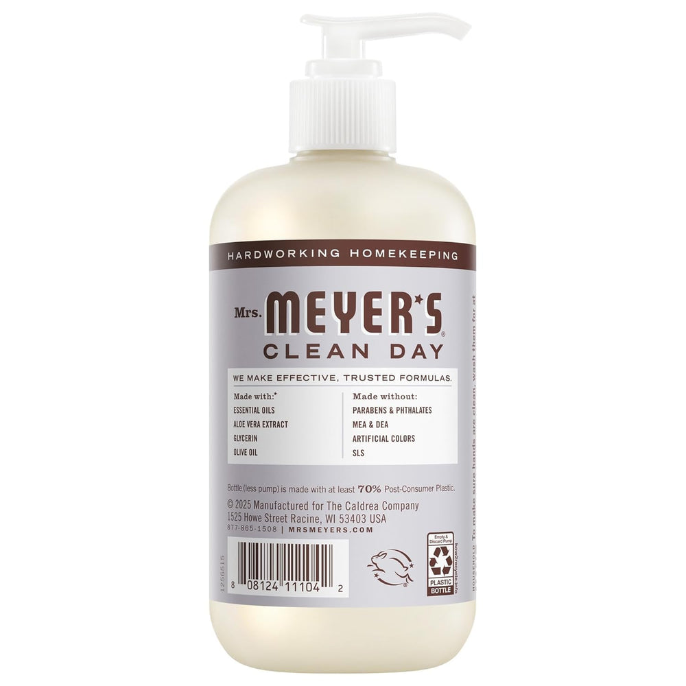 Mrs. Meyer's Clean Day Basil hand soap bottle, crisp scent for uplifting handwashing.