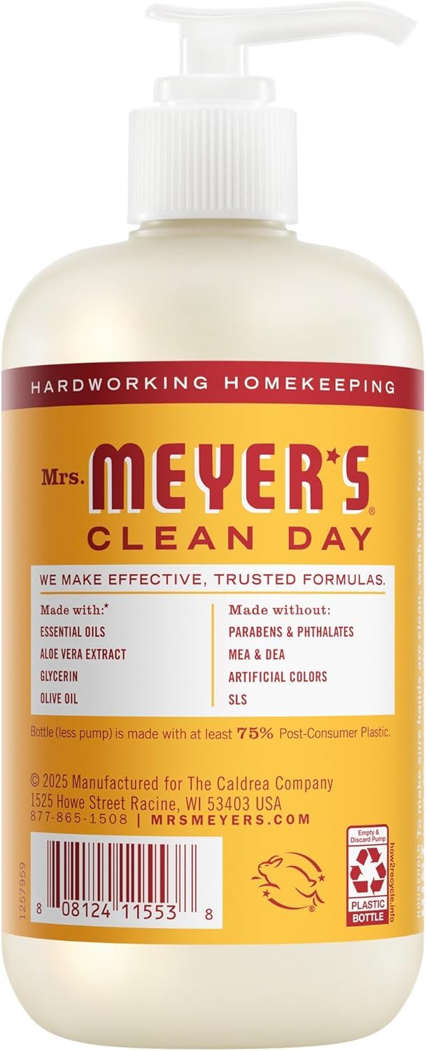 Mrs. Meyer's Clean Day Clementine hand soap pump, quick lather with bright citrus scent.