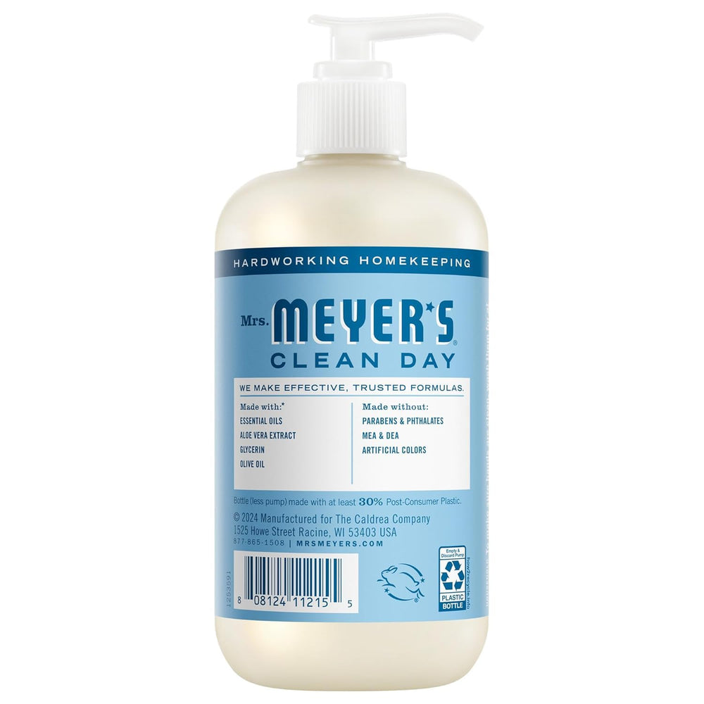 Mrs. Meyer's Clean Day Rain Water hand soap bottle, ultra-clean fragrance for fresh hands.
