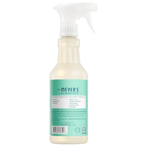 Mrs. Meyer's Clean Day Mint spray in action on nonporous surfaces for fast results.