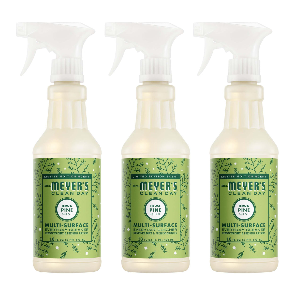 Mrs. Meyer's Clean Day multi-surface bottle front with Iowa Pine scent for quick cleanups