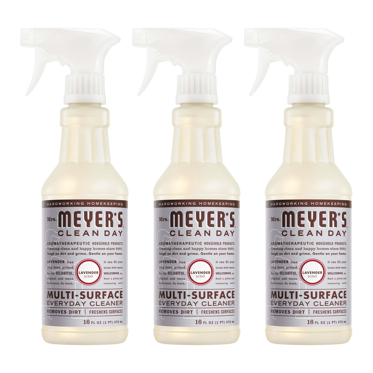 Mrs. Meyer's Clean Day lavender bottle pour for rapid nonporous surface cleaning.
