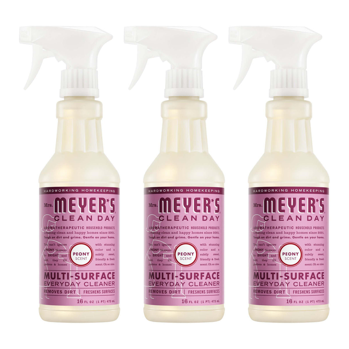 Mrs. Meyer's Clean Day Peony bottle close-up ideal for quick cleanups and a garden-inspired fragrance.