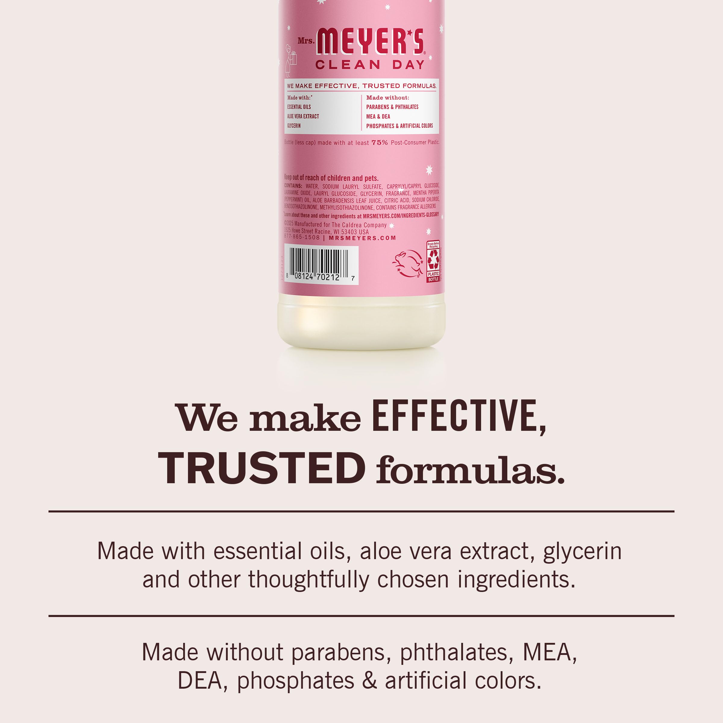 Three-pack packaging of Mrs. Meyer's Peppermint soap for refill-friendly use.