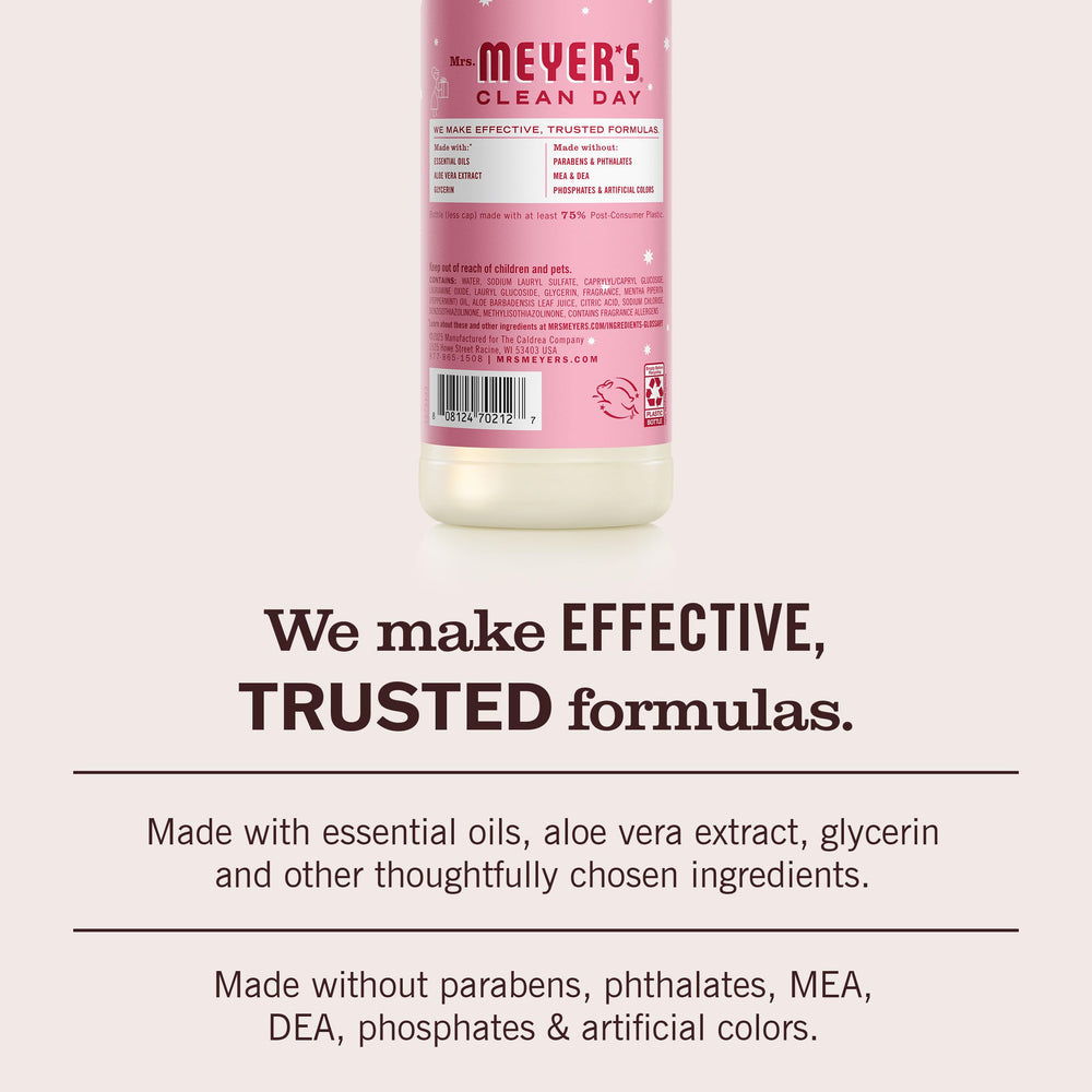 Three-pack packaging of Mrs. Meyer's Peppermint soap for refill-friendly use.