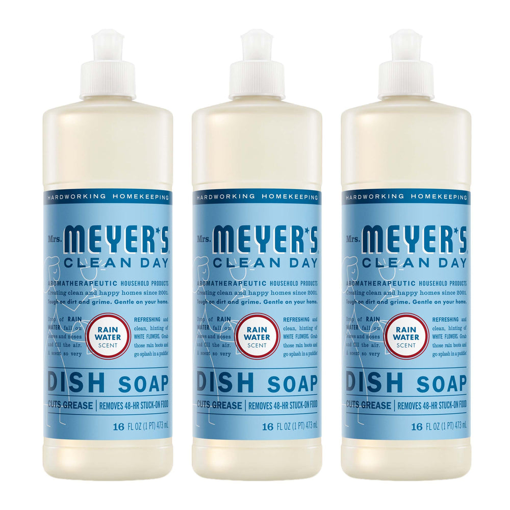 Mrs. Meyer's Clean Day Rain Water dish soap bottle ready to tackle grease.
