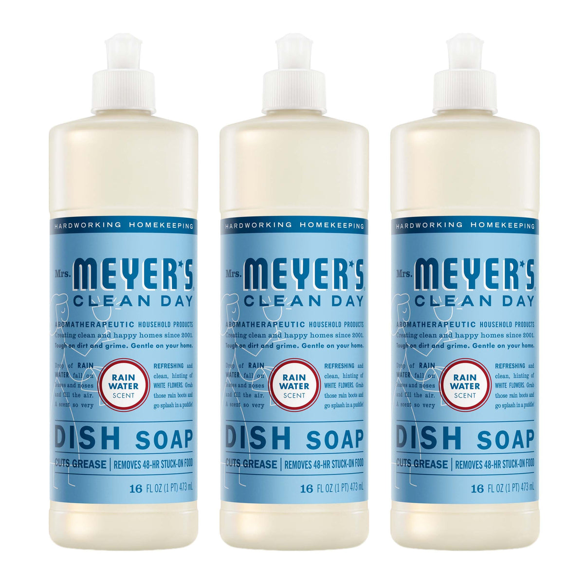 Mrs. Meyer's Clean Day Rain Water dish soap bottle ready to tackle grease.