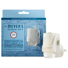 Mrs. Meyer's Clean Day Rain Water wall plug diffuser in a home setting illustrating fresh fragrance